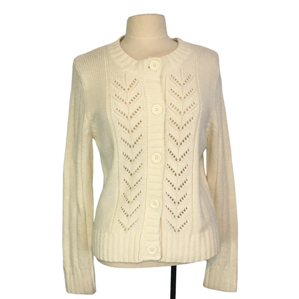St. John's Bay Womens Cream White Crew Neck Cable Knit Cardigan Sweater M